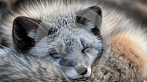 Closeup of a contented arctic fox taking a nap with its tail as a cozy blanket over its nose