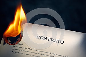 Closeup Of Contract In Spanish Burning On Fire photo