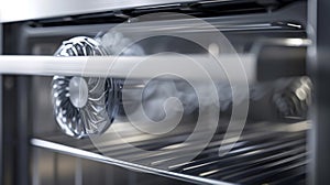 A closeup of the convection fan in action spinning and circulating hot air for fast and efficient cooking photo