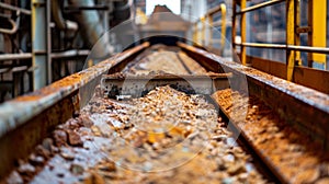 A closeup of a conveyor belt carrying purified bauxite ready to be fed into the smelting furnace