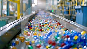 A closeup of a conveyor belt shows plastic products being carefully sorted and checked for any flaws before being photo