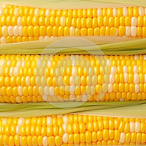 Closeup of corn kernels in a row on fresh cobs