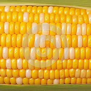 Closeup of corn kernels in a row on fresh cobs