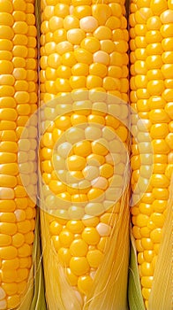 Closeup of corn kernels in a row on fresh cobs