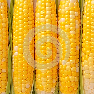 Closeup of corn kernels in a row on fresh cobs