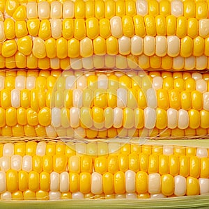Closeup of corn kernels in a row on fresh cobs