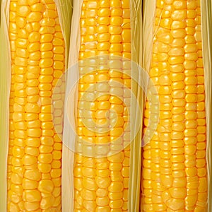 Closeup of corn kernels in a row on fresh cobs