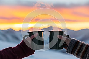 closeup of coupled hands holding steaming mugs, sunrise over peaks behind