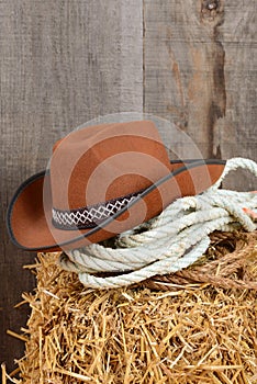 Closeup cowboy hat and ropes