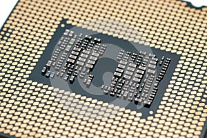 Closeup CPU or Central Processing Unit from motherboard, macro shot microprocessor unit of computer hardware system