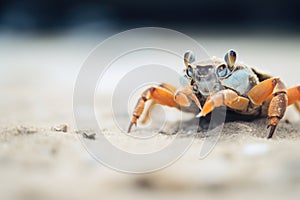 closeup of a crab scuttling across the sand