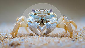 Closeup of a crabs beady black eyes focused intently on the grains of sand beneath its delicate pointed claws