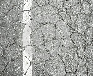 Closeup of cracked asphalt road