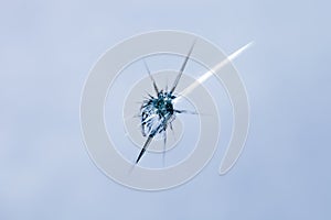 Closeup of cracked windshield with fissure lines, abstract background with copy space photo