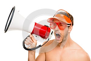 Closeup of crazy lifeguard man shouting in megaphone on white