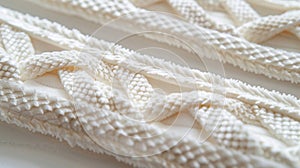 A closeup of creamcolored velvet trim featuring a delicate lattice pattern woven into the fabric photo