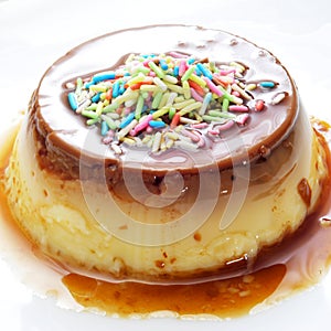 Creme caramel topped with sprinkles of different colors photo