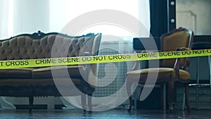 Closeup of a Crime Scene in a Deceased Person's Home. Dead man, Police Line, Clues and Evidence. Serial Killer and