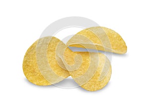 closeup Crispy potato chips isolated on white background top view with clipping path