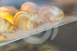 Closeup croissant homemade bakery in the oven with warm light, s