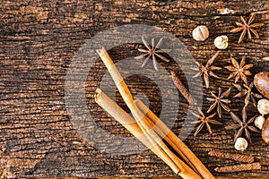 Closeup and crop Dry spices or herbs on old wood background