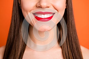 Closeup cropped photo of attractive lady bright red pomade amazing celebrity smile half face dentistry concept isolated