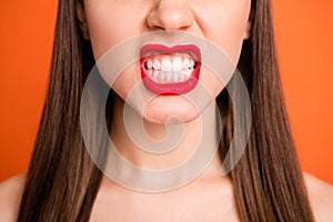 Closeup cropped photo of attractive lady grinning teeth bright red pomade amazing celebrity smile half face dentistry