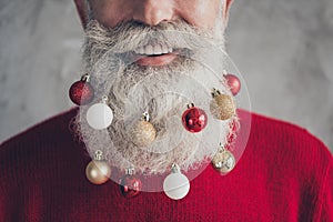 Closeup cropped photo concept of old positive santa claus man colorful toy balls in long beard x-mas decorations wear