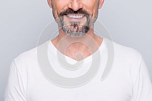 Closeup cropped photo of handsome aged man good mood beaming smile showing perfect groomed beard bleaching teeth wear