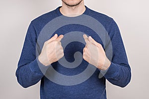 Closeup cropped picture photo portrait of satisfied confident guy pointing on himself self wearing casual pullover isolated grey