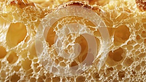 A closeup of a cross section of a loaf of bread revealing its airy holey structure and golden crispy crust photo