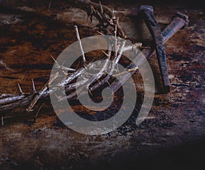 Closeup of Crown of Thorns and Nails