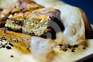 Closeup on a crumb cake stuffed with strawberry marmalade