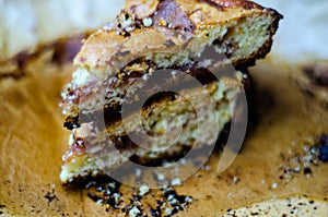 Closeup on a crumb cake stuffed with strawberry marmalade