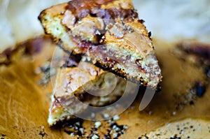 Closeup on a crumb cake stuffed with strawberry marmalade