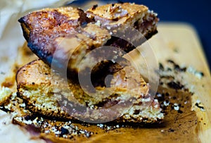 Closeup on a crumb cake stuffed with strawberry marmalade