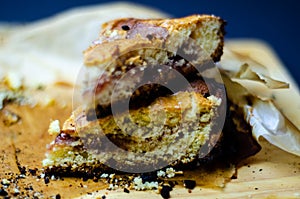 Closeup on a crumb cake stuffed with strawberry marmalade