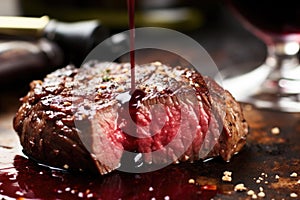 closeup of crusty steak surface mopped with glossy red wine reduction