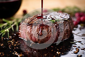closeup of crusty steak surface mopped with glossy red wine reduction photo