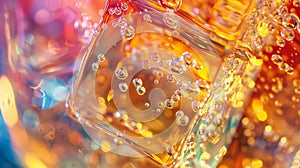 A closeup of a crystalclear ice cube in a fancy glass reflecting the light and showcasing the vibrant colors of the