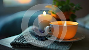 Closeup of a cup of herbal tea and a scented candle highlighting the relaxing effects of aromatherapy.