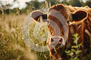 Closeup of a curious cow in a field