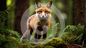 Closeup of curious and cute red fox in forest clearing