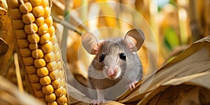 Closeup curious young gray mouse lurk near the corn