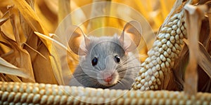 Closeup curious young gray mouse lurk near the corn