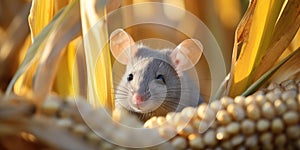 Closeup curious young gray mouse lurk near the corn