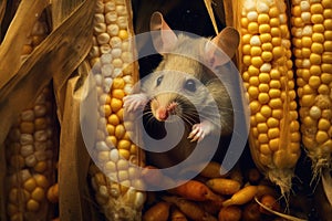 Closeup curious young gray mouse lurk near the corn. Concept of rodent control.Generative AI