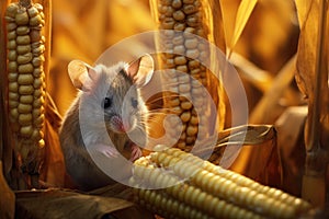 Closeup curious young gray mouse lurk near the corn. Concept of rodent control.Generative AI