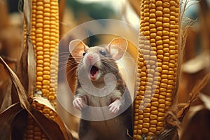 Closeup curious young gray mouse lurk near the corn. Concept of rodent control.Generative AI