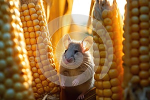 Closeup curious young gray mouse lurk near the corn. Concept of rodent control.Generative AI